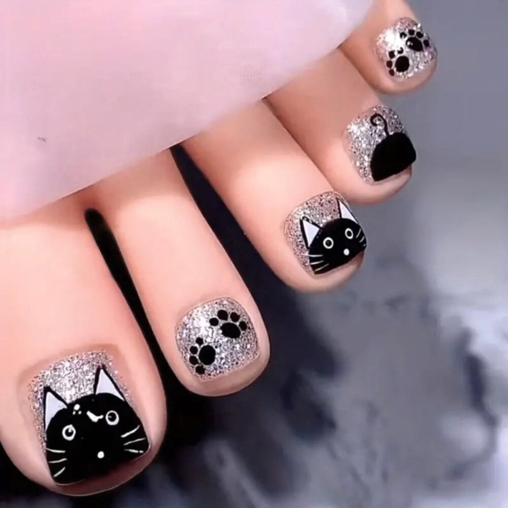 Nails Glitter Cat Fake Press On 24 Toenails Black Silver Kitty Trendy Glam Cute